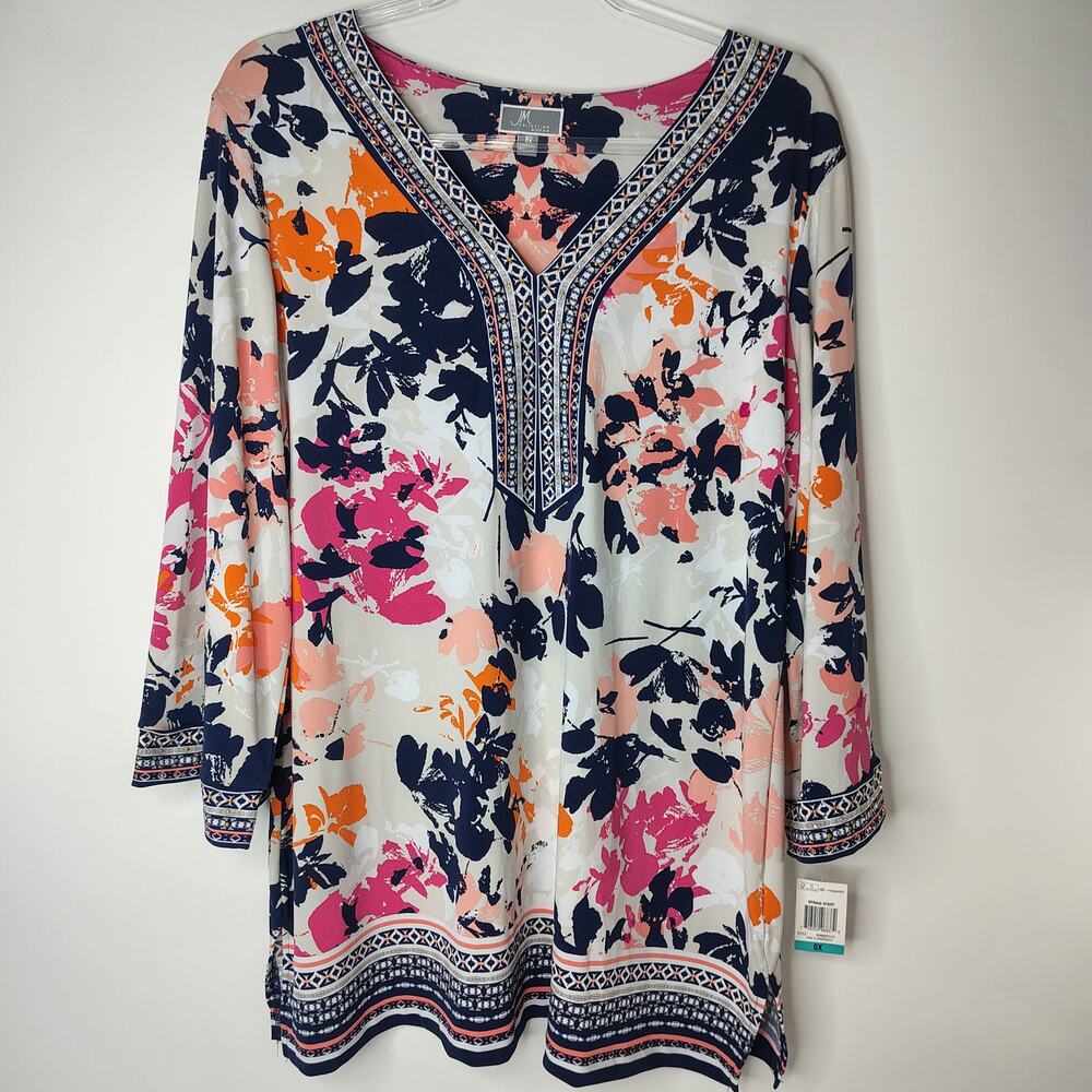 NWT JM Collection Woman Tunic Top Womens 0X Floral Blouse Boho Flowy Stretch